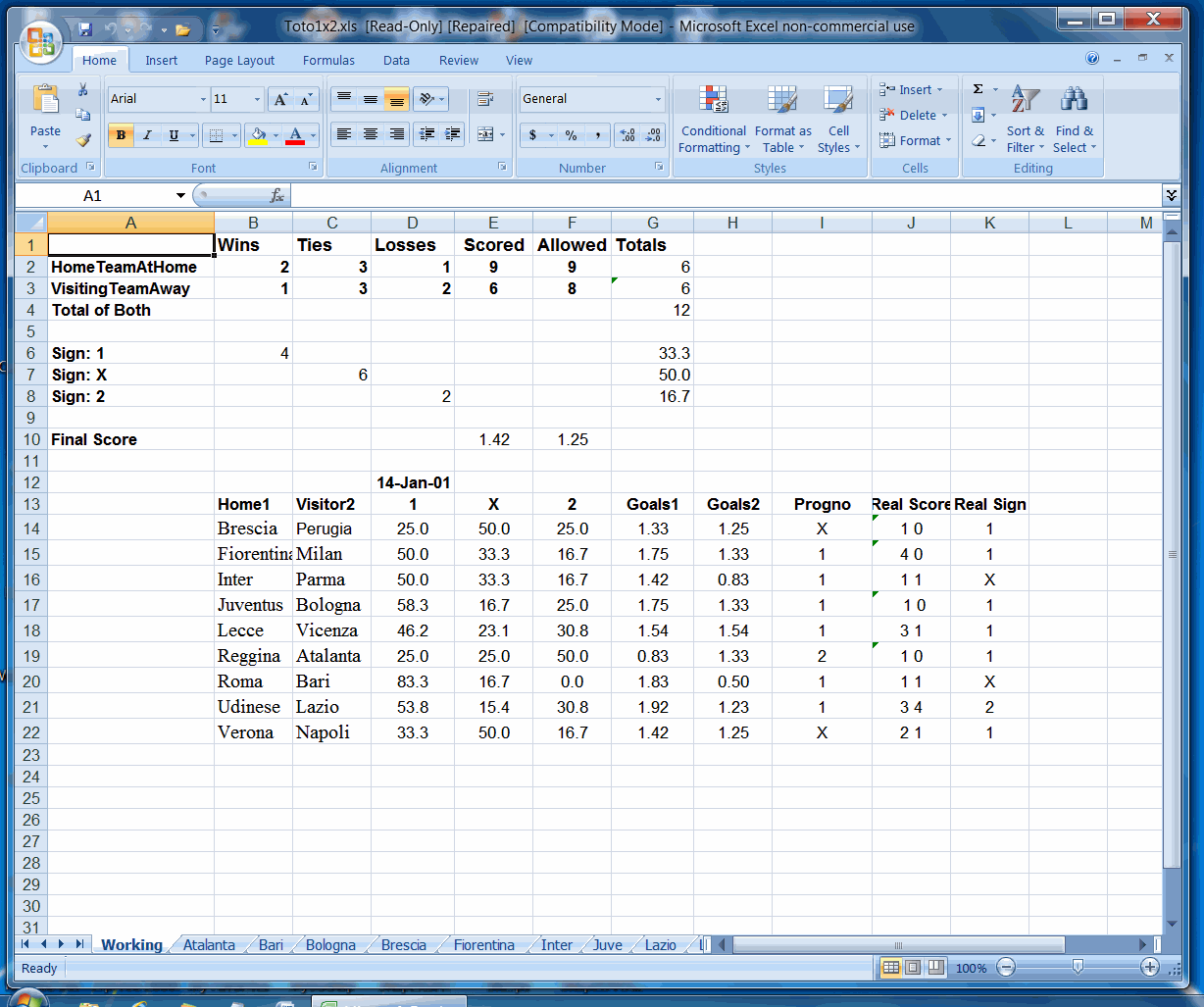 Excel betting spreadsheet to pick games in European football or soccer applied in Yugoslavia.